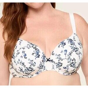 LANE BRYANT CACIQUE White Floral Sz 48D Lightly Lined Full Coverage Wirefree Bra